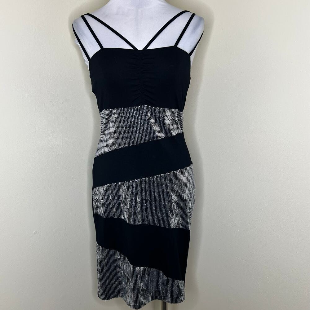 VENUS Mini Dress SMALL Black Silver Sequin Party Strappy Ruched Sheath Cocktail